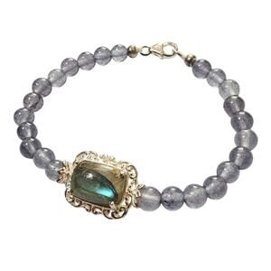 Vintage Sterling Silver Labradorite & Blue Crystal Medallion Bracelet